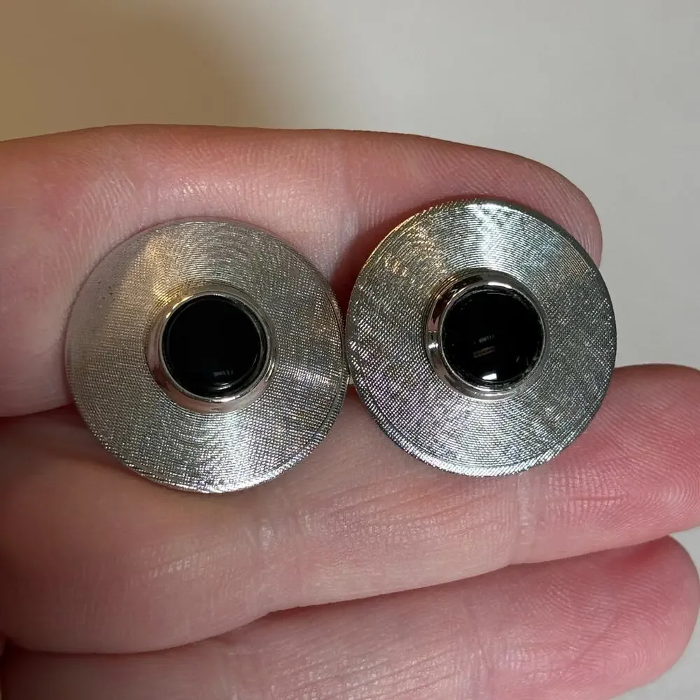 Mid Century silver textured round cufflinks with black enamel centers vintage